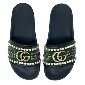 Gucci Marmont Green Velvet Crystal Pearl Embellished Pursuit Slides